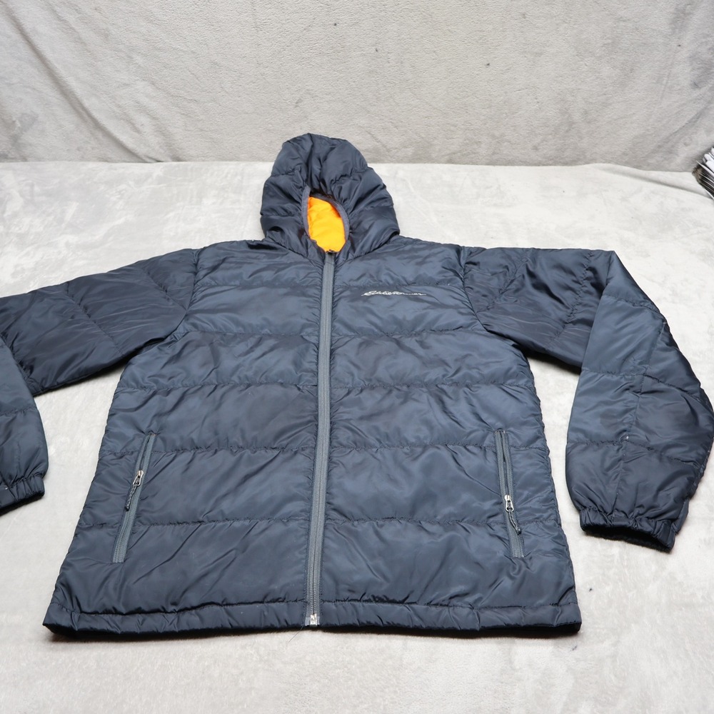 Eddie Bauer Down Jacket Mens Small Blue Channel Hooded Full Zip Quilted Puffer